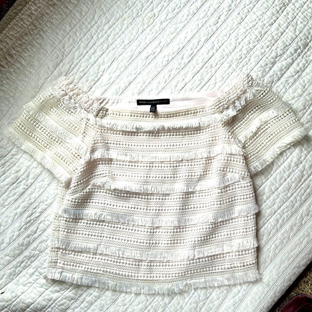 White House Black Market short sleeve off the shoulder white fringe top 2